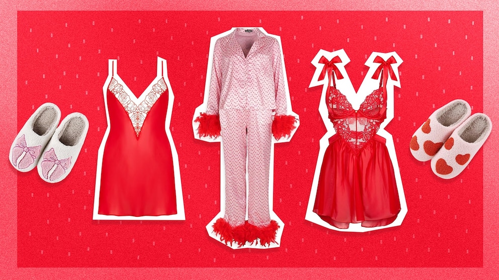 Valentine's Day lingerie, pajamas and slippers for a cute and cozy date night at home