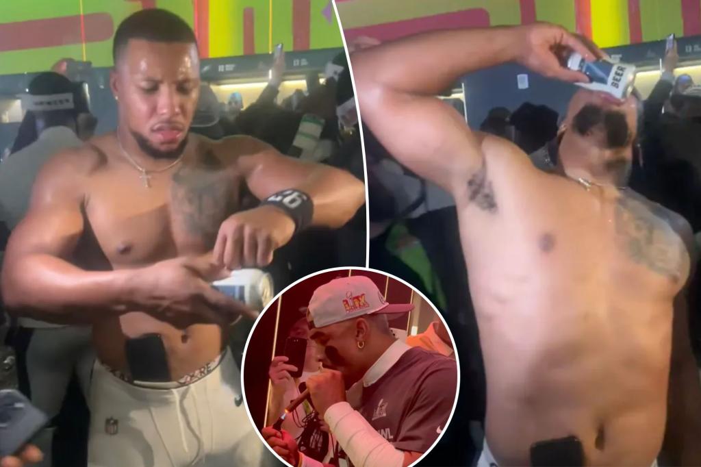 Saquon Barkley shotguns beer after Eagles’ Super Bowl 2025 win in rowdy locker room scene