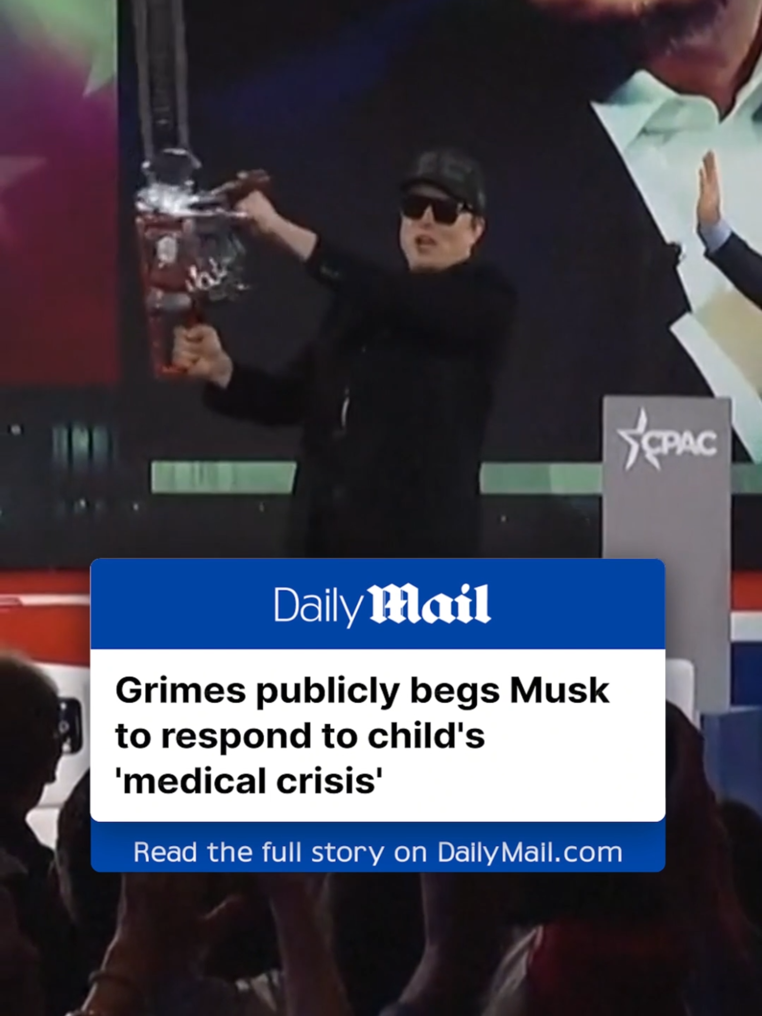 Grimes sent out a panicked message to Elon Musk about their child's 'medical crisis' as the billionaire wielded a chainsaw onstage. She has previously fought with the Tesla and SpaceX CEO over custody of her children, and it is unclear which of their children is in 'medical crisis'. Grimes is the mother of three of Musk's 13 known children - four-year-old X Æ A-12, three-year-old Exa, and two-year-old Techno. Read the full story on DailyMail.com. Link in bio. #news #america #grimes #musk #usa #music #drama