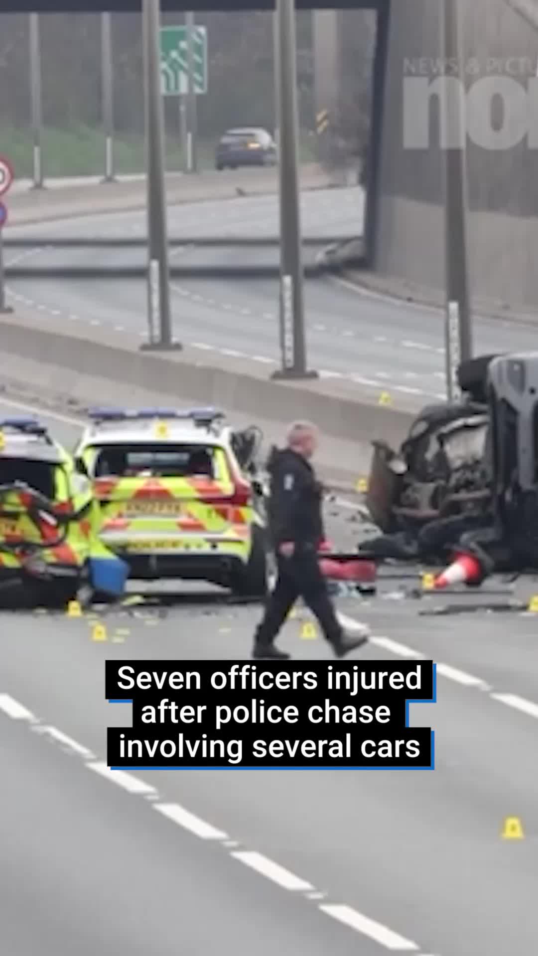 Seven police officers have been injured in a crash during a car chase that closed part of the A1 on Tyneside. Seven officers were taken to the hospital with non-life-threatening injuries. Four were discharged, while two remain there for observation and one officer is being treated for a leg injury. A man in his 20s has been arrested on suspicion of causing serious injury by dangerous driving, while a woman in her 20s was taken into custody on suspicion of aiding and abetting dangerous driving. #news #breaking #policechase #a1