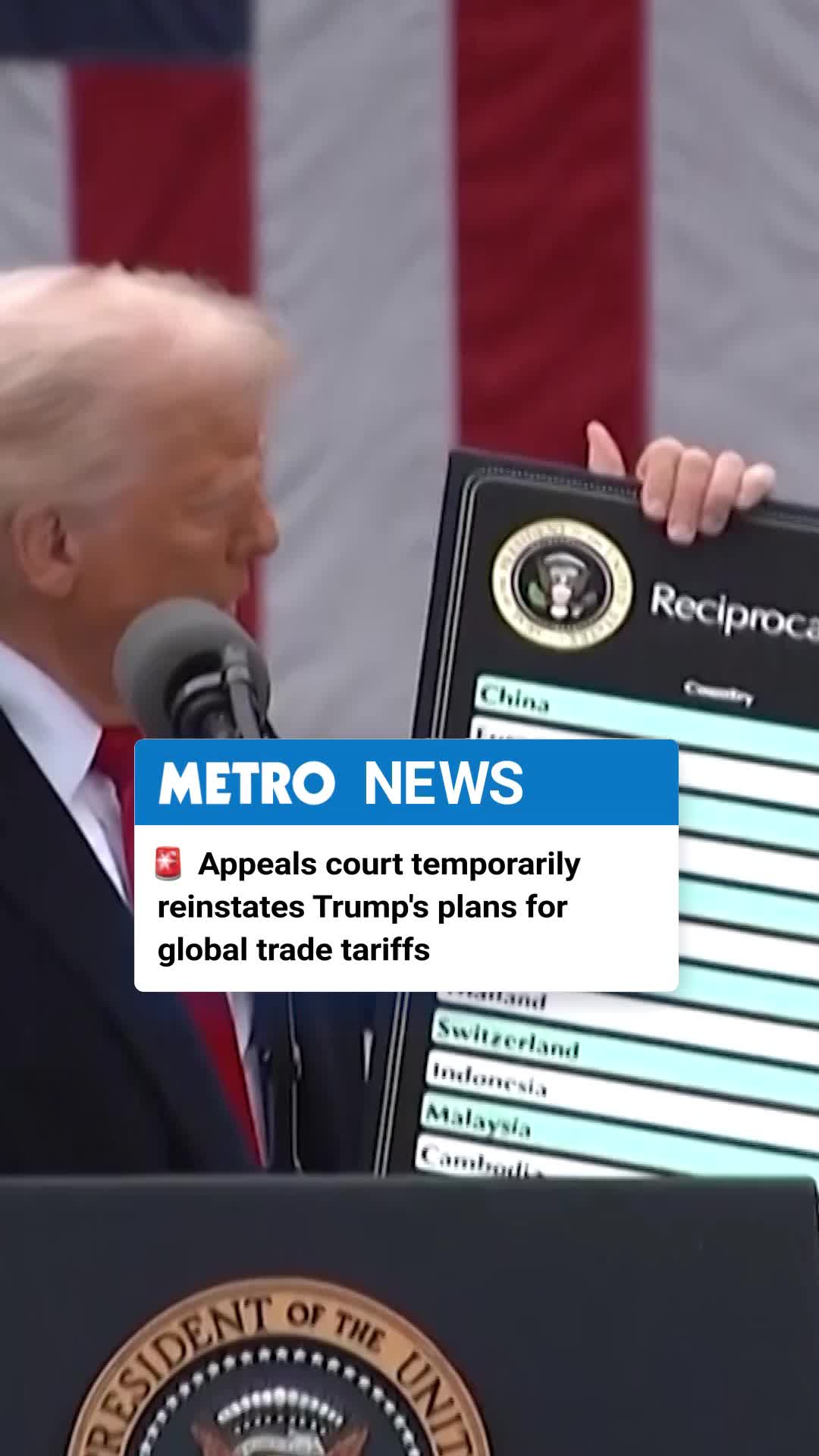 BREAKING: The Trump administration's trade tariffs that were struck down by a trade court will remain in place while the White House's appeal makes its way through the courts. This comes after three federal court judges blocked Trump's global tariffs, saying the president had overstepped his authority. #donaldtrump #tariffs #usnews #fyp #news