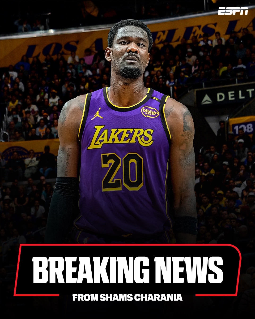 Breaking: Deandre Ayton has agreed to sign with #LosAngelesLakers, sources tell @Shams Charania.  Get breaking news alerts from Shams Charania through the ESPN app at the link in bio 🔗