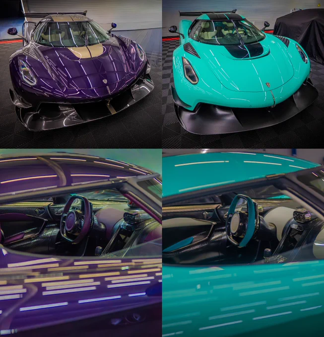 I have two Koenigsegg Jeskos Attacks One is exposed purple carbon and Champagne accents. The other is tiffany blue with cream and black accents. Which one looks better? Poll below. pic.twitter.com/Ox9MtBk5EM