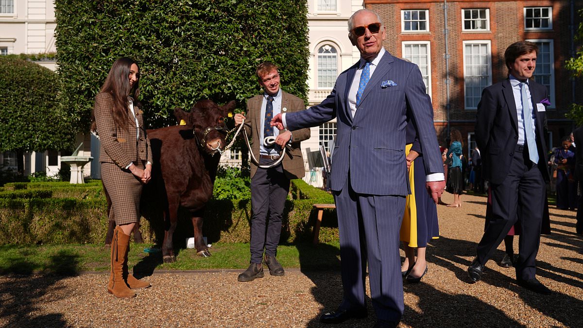 Beaming King Charles sports shades as he poses next to pedigree cow - and scratches its snout