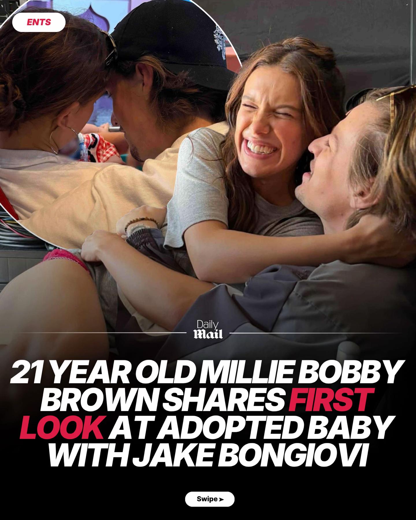 Millie Bobby Brown gave an insight into new motherhood as she shared a first look at her adopted baby girl on Thursday. The Stranger Things star, who wed Jake Bongiovi, 23, last year, made the surprise announcement that she had adopted in a social media post from August 21. The post read: 'This summer, we welcomed our sweet baby girl through adoption.' 'We are beyond excited to embark on this beautiful next chapter of parenthood in both peace and privacy. 'And then there were three. Love, Millie and Jake Bongiovi.' In the new snap, the new parents gazed adoringly at their daughter, whose face and tiny hand could just be seen.