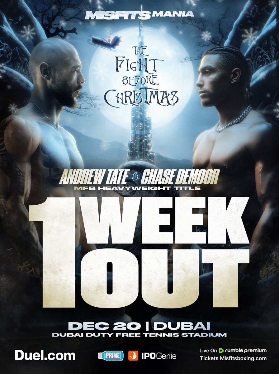 RT by @Cobratate: 1 WEEK OUT 🤩@Cobratate and @ChaseDeMoor go head to head for the MFB Heavyweight Title in Dubai 🏆 Subscribe and Watch on Rumble Premium 🍿 pic.