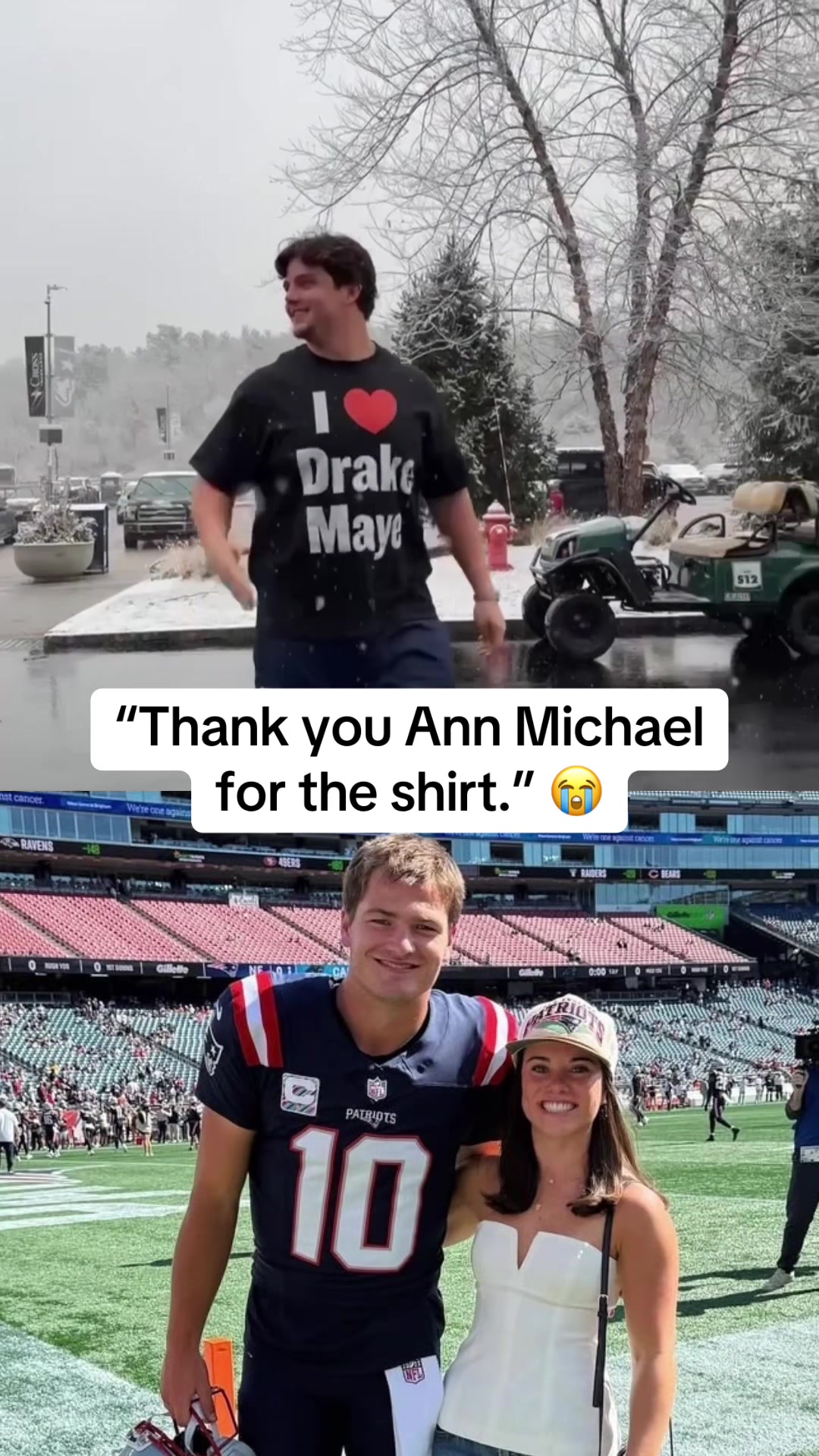 Will Campbell rocking the "I ❤️ Drake Maye" short-sleeve shirt in freezing conditions 😭 (via @New England Patriots) #nfl #patriots #drakemaye