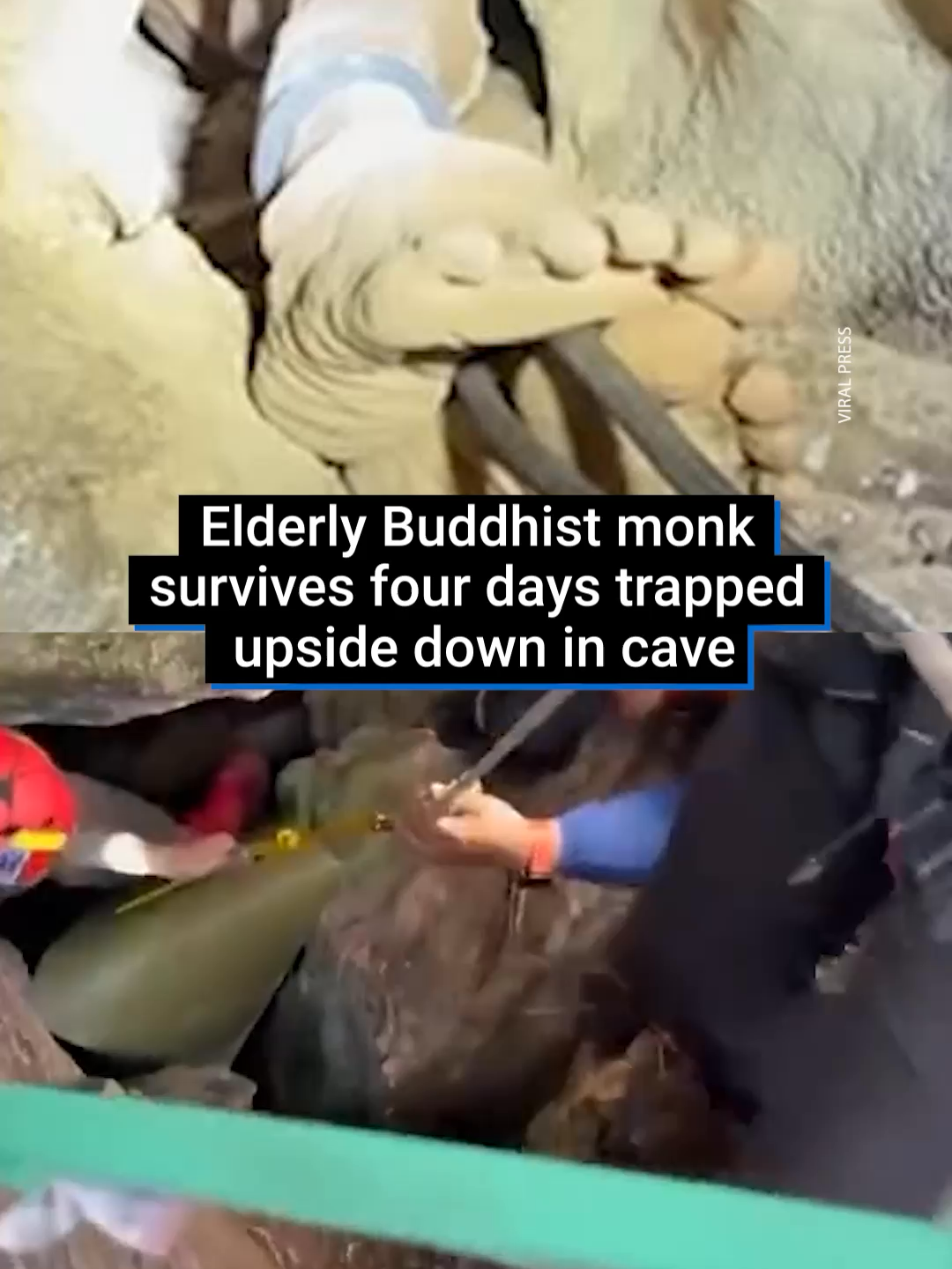 An elderly Buddhist monk survived four days trapped upside down in a narrow cave without food and water. 77-year-old Luang Ta Somchai disappeared from Wat Thammasathan Phasawan temple in northeastern Thailand on December 7. Rescuers had to climb down a 98ft cave to find the monk, where they found him upside down in the deep, narrow third chamber. #monk #thailand #cave #rescue #survival