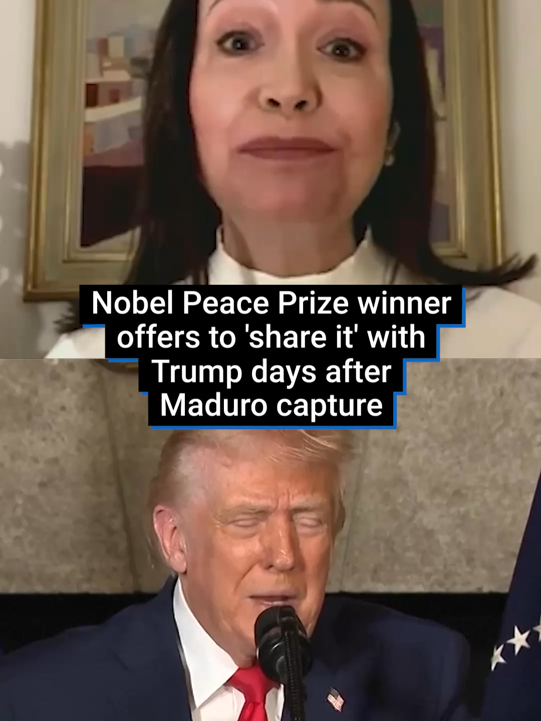 Maria Corina Machado, who is also the Venezuelan leader of the opposition, said she'd 'love to' share the prize with the US President. #us #worldnews #maduro #venezuela