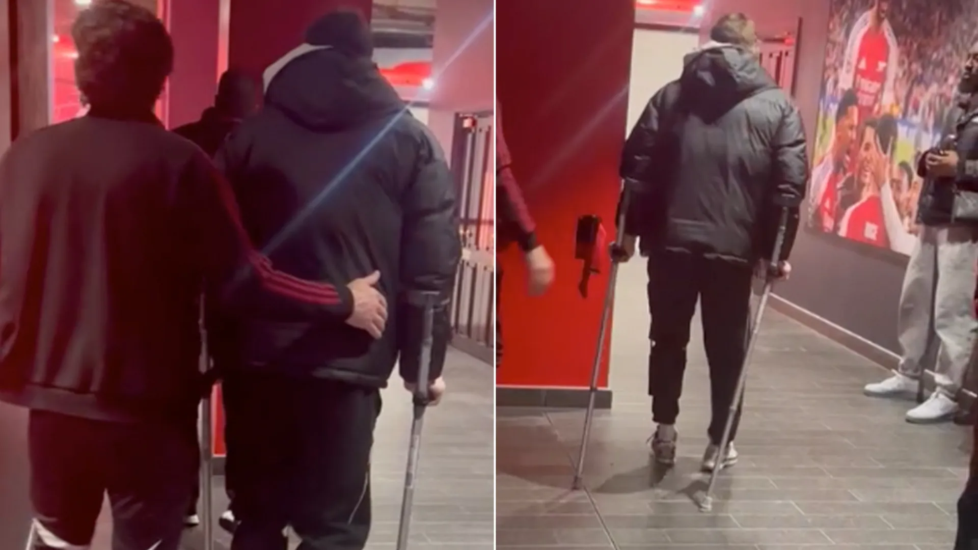 Conor Bradley leaves Emirates Stadium on crutches after horror injury that sparked Martinelli’s ‘...