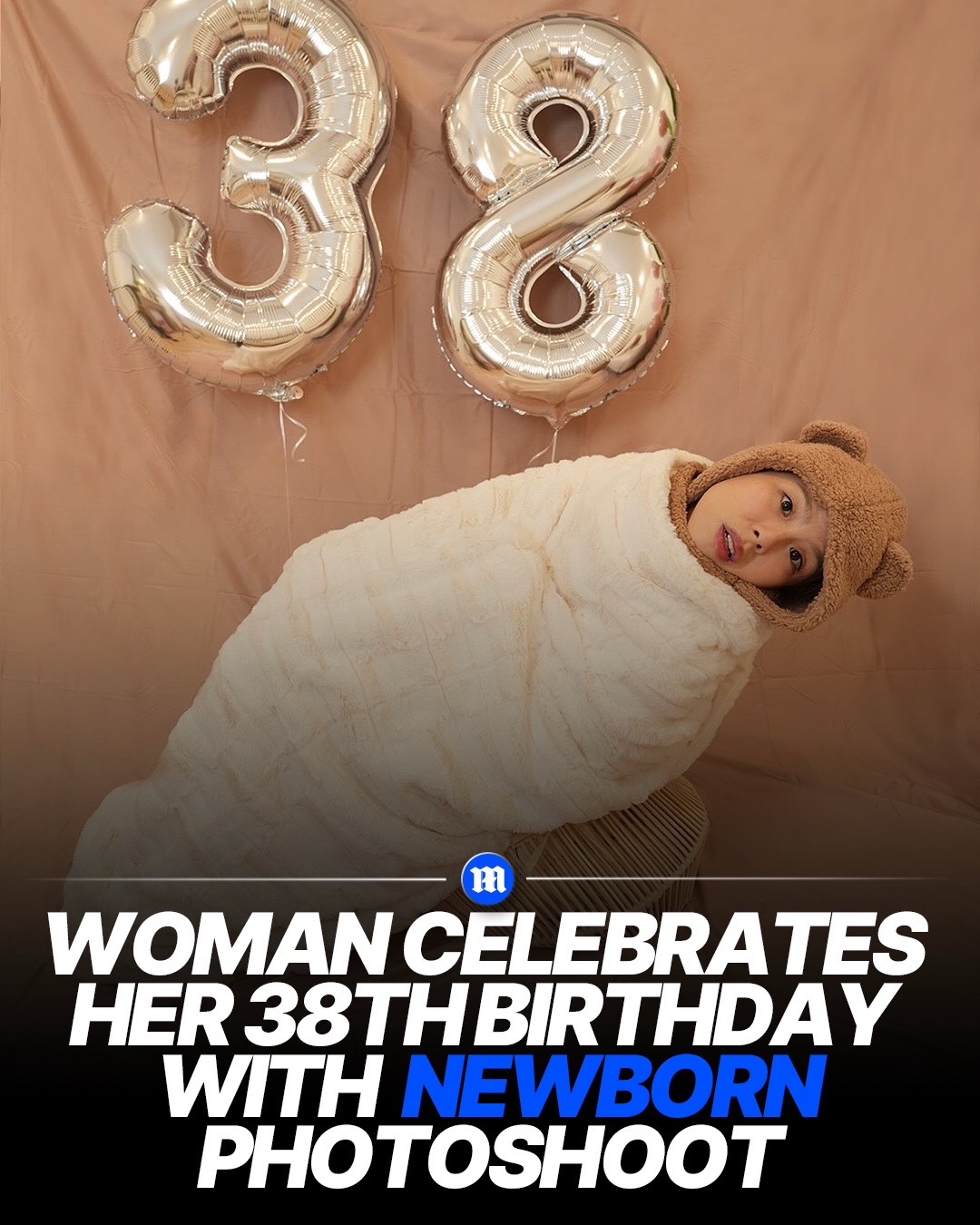 A woman went viral after she organized a newborn-style photoshoot to celebrate her 38th birthday. She shared the hilarious photos online, captioning the post, 'Let's welcome our 38-year-old newborn today 🎂 'Looking forward to seeing the little foot grow step by step' Science does say that our age of maturity is much higher than we originally thought, but we don't think this is what they meant... 👀 📸 Credit: adasuper87