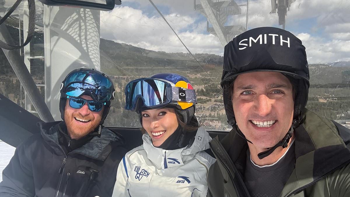 Getting ski tips from the best? Prince Harry poses in selfie alongside Winter Olympics champion Eileen Gu - and ex-Canada PM Justin Trudeau