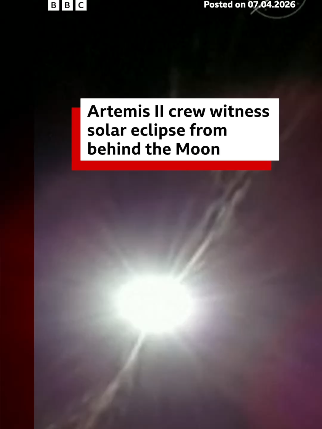 The Artemis II crew have shared vision of a solar eclipse from behind the Moon, in what Commander Reid Wiseman aboard the spacecraft described as "sights that no human has ever seen, not even Apollo". #ArtemisII #Nasa #Moon #SolarEclipse #Space #BBCNews