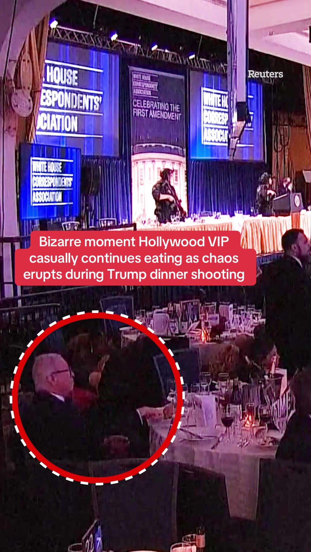 This is the bizarre moment a Hollywood agent casually eats his dinner as chaos erupts around him after gunshots were fired during a White Hiuse dinner.  Tap the link for the full story.  #Trump #News #Viral
