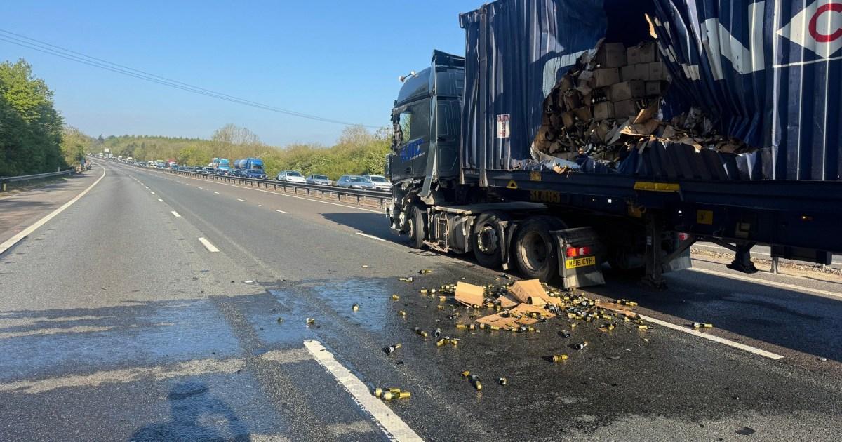Prosecco flows down M4 motorway after double lorry crash