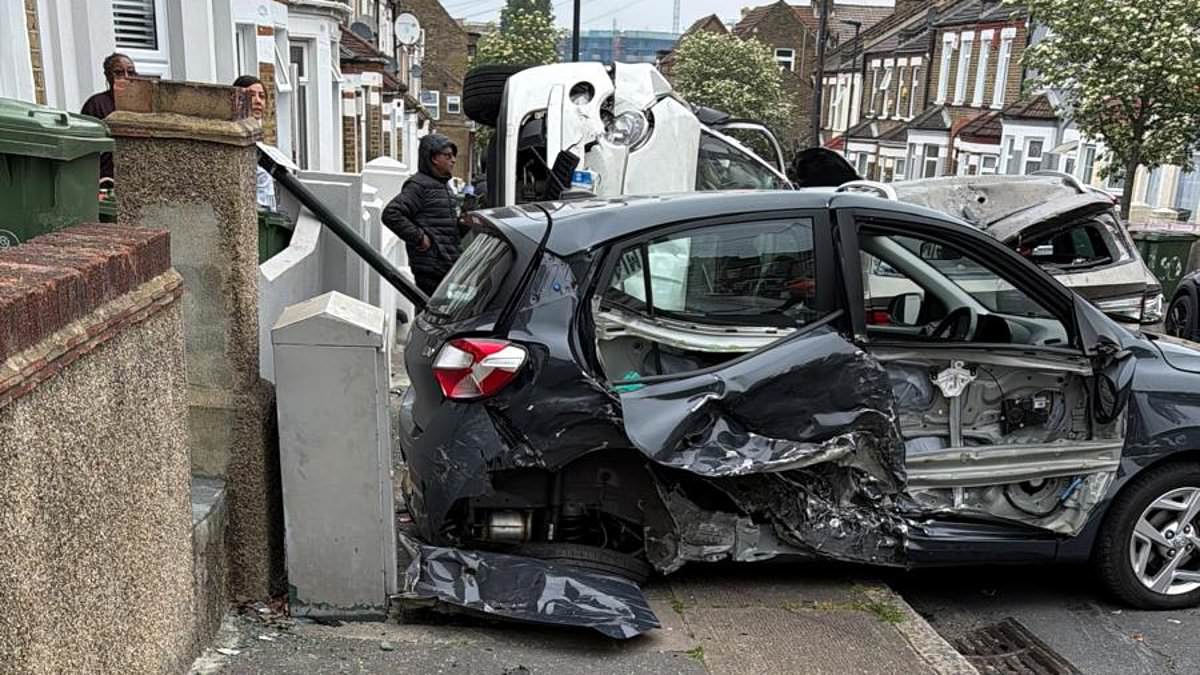 Moment police chase ends in carnage as driver smashes into parked cars on quiet residential road
