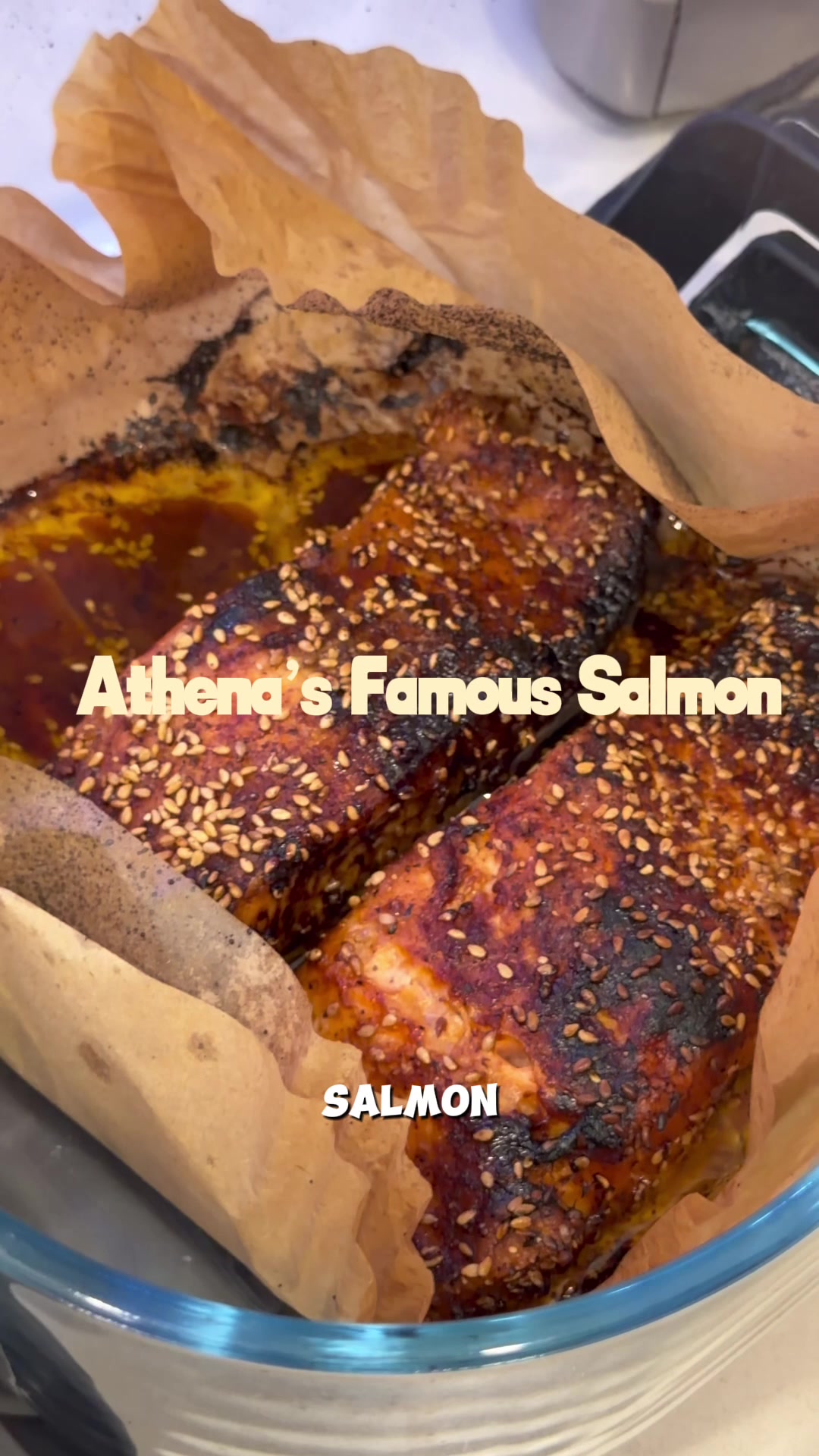 MY FAMOUS SALMON If you try this recipe, please tag me!  My air fryer is linked in my bio:)  Ingredients: Salmon Olive oil Salt Pepper Sesame seeds Japanese barbecue sauce Cook on max crisp in air fryer for 15-17 min💛