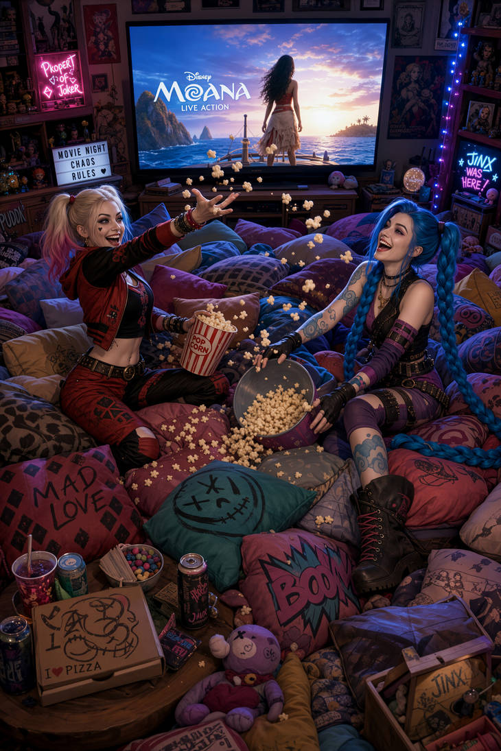 Harley Quinn Jinx watching Moana Live Action by CathryneDelamort on DeviantArt