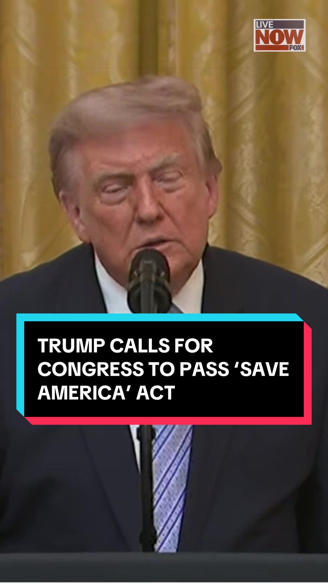 During a primetime address about election interference and vulnerabilities in the United States, President Trump urged Congress to pass the 'Save America' Act. Trump announced he is declassifying and releasing documents that reportedly contain election interference intelligence. Trump is pushing for Congress to pass legislation requiring voter identification, proof of citizenship, and limit mail-in ballots.