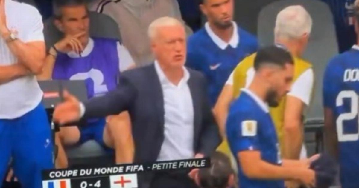 Rayan Cherki clashes with Didier Deschamps during France World Cup defeat to England