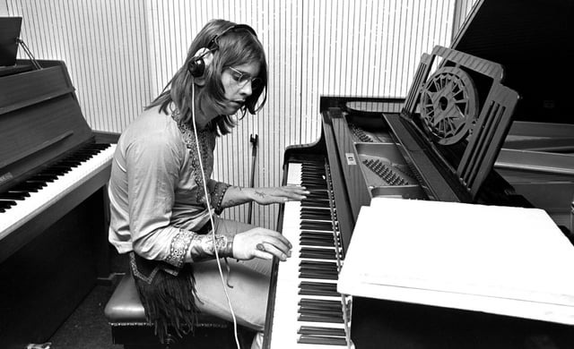 Ozzy Osbourne playing the piano at the Regent Sound Studios in London, 1970. Photography by Chris Walter.