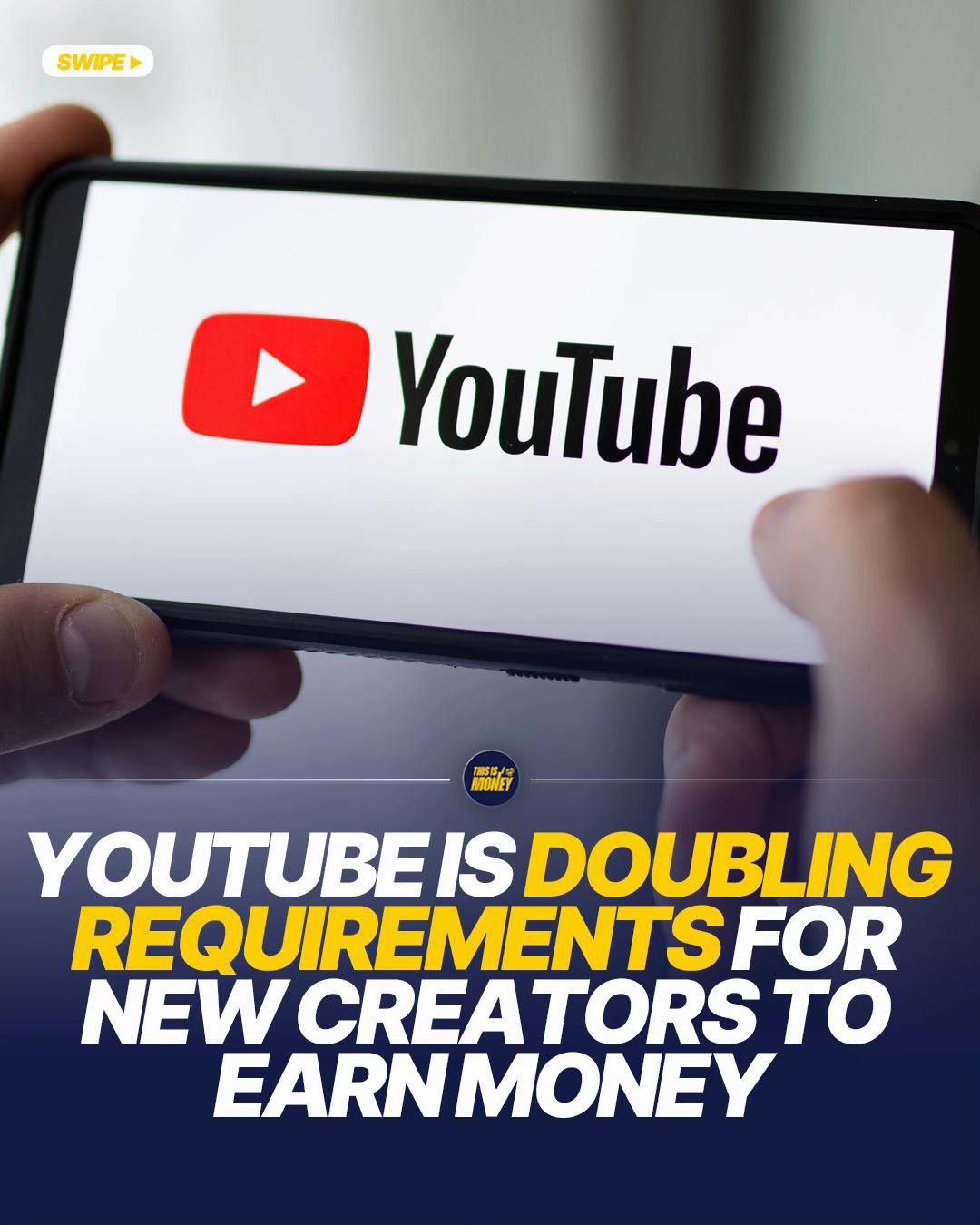 YouTube is doubling its requirements for new creators to start earning money 📱💰 YouTube is making it significantly harder for new creators to earn advertising and Premium revenue through its Partner Programme. From 1 February 2027, creators will need 8,000 valid watch hours in 12 months, double the current 4,000. Alternatively, Shorts creators will need 20 million valid views in 90 days, up from 10 million. The requirement of 1,000 subscribers will remain unchanged. YouTube says the changes are designed to reward creators who consistently build an audience rather than relying on a single viral hit. Existing creators already in the programme will not have to meet the new entry thresholds. F