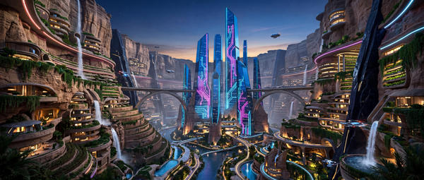 A sweeping panoramic view of a futuristic city by jhantares on DeviantArt