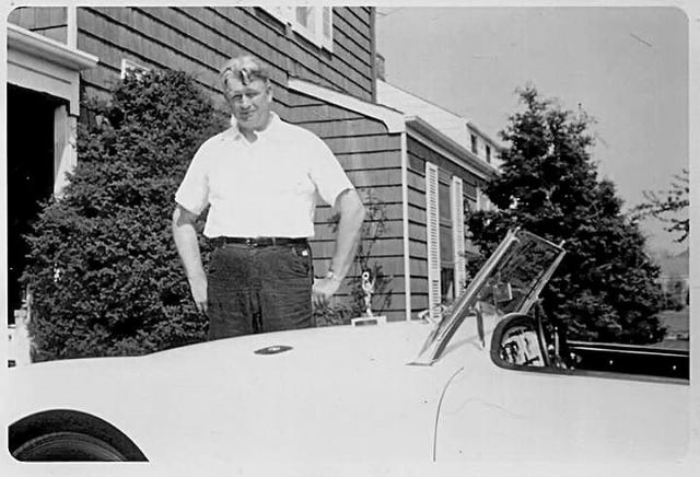 Grandpa, his MG-A, and a rally trophy.