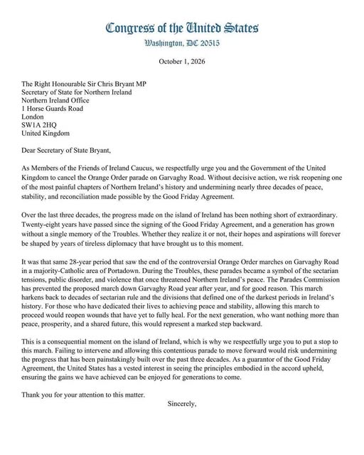 US Congressional Friends of Ireland call on Chris Bryant to “cancel Orange Order parade” On Thursday, a bipartisan group...