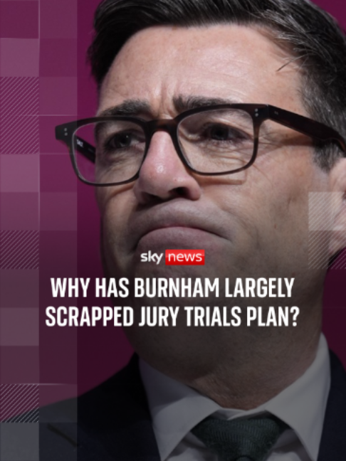 Burnham scraps Starmer plans to curb jury trials for defendants facing sentences of three years or less It's a U-turn on proposals introduced by then-justice secretary David Lammy, who said it was intended to tackle the backlog of cases waiting to be heard in court. Sky’s Amanda Akass reports #ukpolitics #uknews