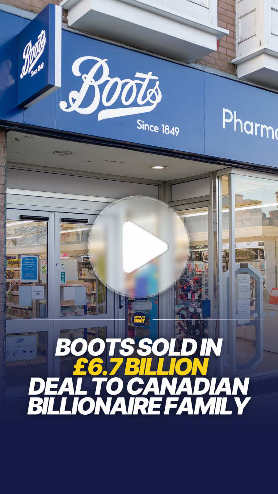 Boots sold in £6.7 billion deal to Canadian billionaire family. 💊💰 Boots, the iconic pharmacy and retail chain, has been sold in a £6.7 billion deal to Wittington Investments, the holding company of Canada's billionaire Weston family. The retailer has been acquired from US private equity firm Sycamore Partners, which had owned Boots for just 18 months. The deal includes Boots UK and Ireland, Boots Opticians, No7 Beauty Company, and its international franchise operations. Galen Weston, chairman of Wittington Investments and future chairman of Boots, said the company plays "a vital role in everyday life across the UK and Ireland" and described the acquisition as an opportunity to improve the