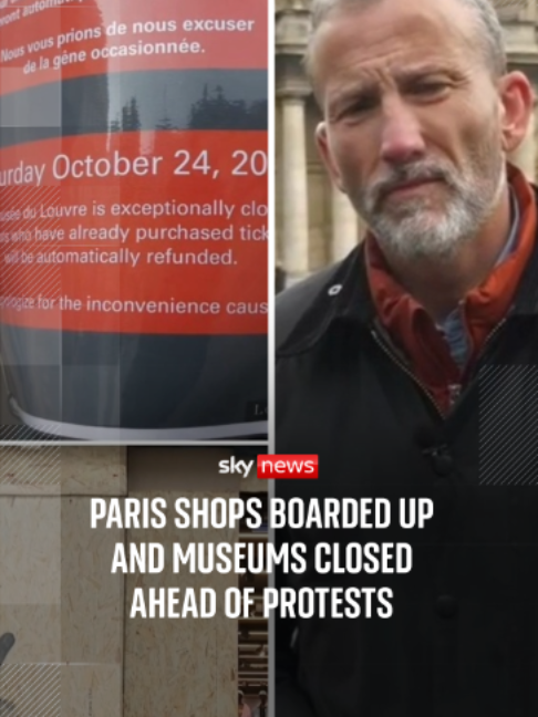 France are set to deploy 70,000 law enforcement officers ahead of planned protests across France today. Paris museums, including the Louvre, have been closed as a precaution. Sky's Alex Rossi reports #paris #protests #europe